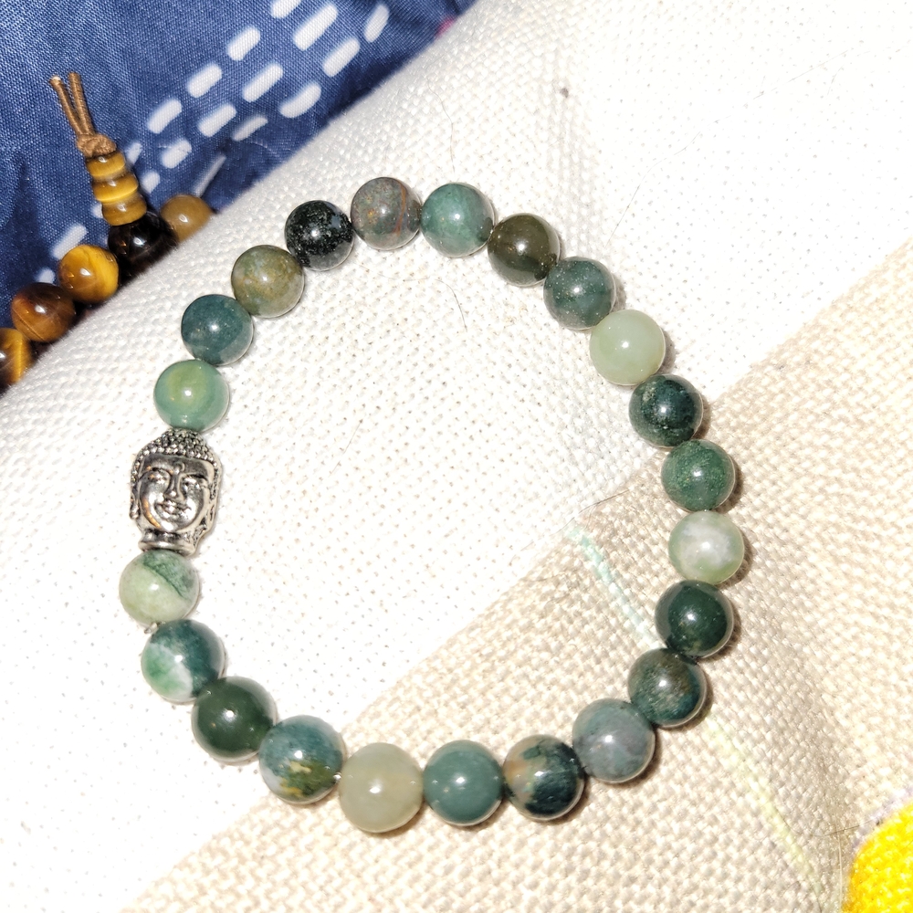 Moss Agate Beaded Stretch Bracelet W/ Non-Magnetic Silver Tone Buddah Bead
